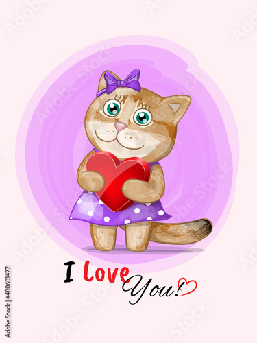 Postcard with cartoon cute golden British cat girl with heart. Vector Illustration
