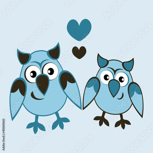 two owls in love with hearts. Cartoon birds. Pastiche. Children drawing