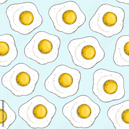 Fried eggs seamless pattern. Hand drawn vector illustration. Breakfast menu design. Cute background.