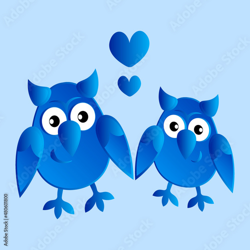 two owls in love with hearts. Cartoon birds. Pastiche. Children drawing
