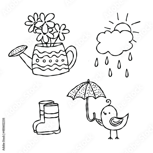 Hand drawn spring doodle. Watering can, umbrella, bird, tweet with umbrella in sketch style. Stock vector black and white seasonal set illustration.
