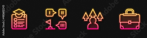 Set line Front end development, Online education, Planning strategy and Briefcase. Glowing neon icon. Vector