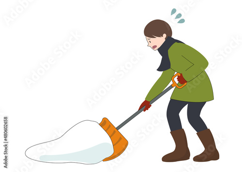 イラスト素材：困った顔で雪かきをしている女性
