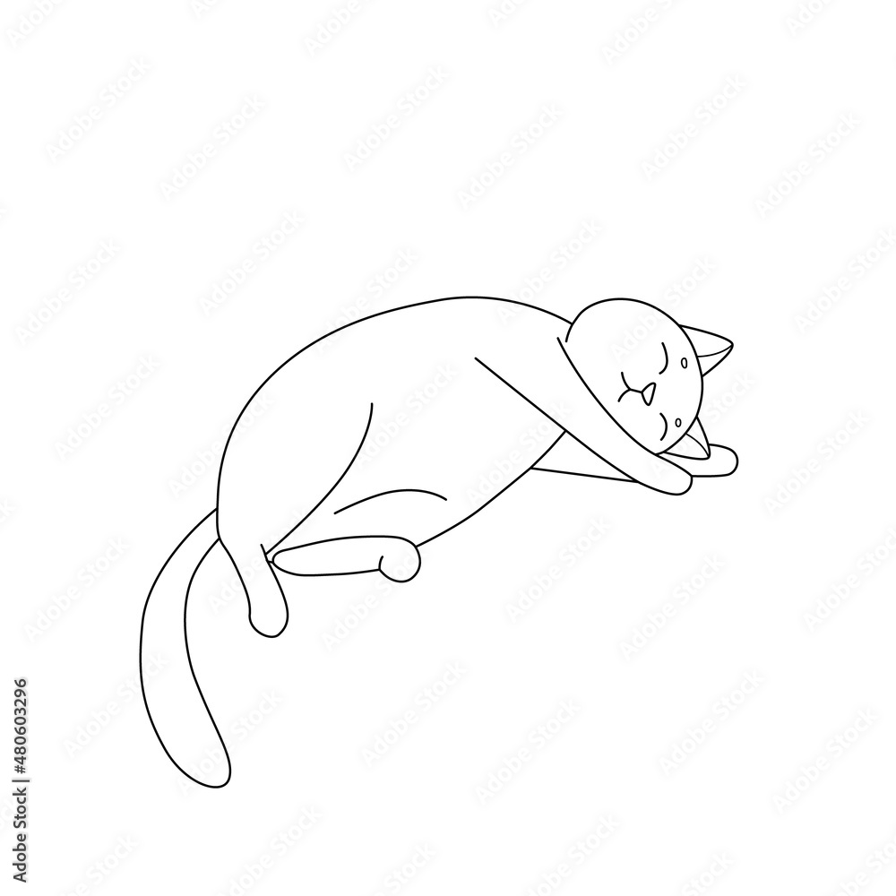 Cute cat is sleeping and smiling. Silhouette in Doodle style, black lines, sketch. For decoration, coloring for children, logo. Cute cat is sleeping and smiling. Silhouette in Doodle style, black lines, sketch. For decoration, coloring for children, logo.