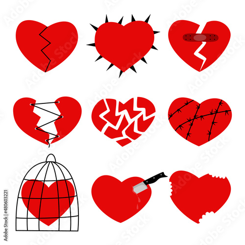 Set of broken hearts, with cracks, in thorns, in bites, in a cage, with a knife and with adhesive plaster. Symbol of sadness and pain. Great for logo, poster, t-shirt, print. Vector illustration