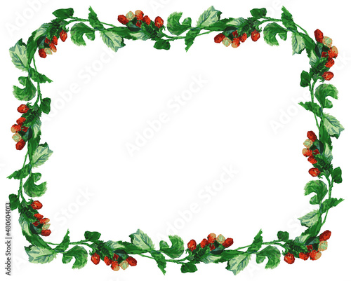 Decorative border from watercolor drawings of raspberry twigs with ripe red berries and green leaves