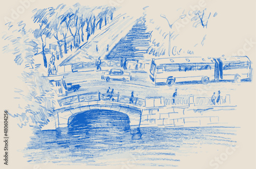 Pencil sketch of cityscape with river bridge,embankment, transportation, trees and pedestrians