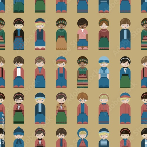 Seamless pattern peg doll cartoon people