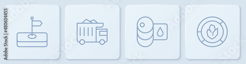 Set line Flag, Barrel oil, Mining dump truck and Soil analysis. White square button. Vector