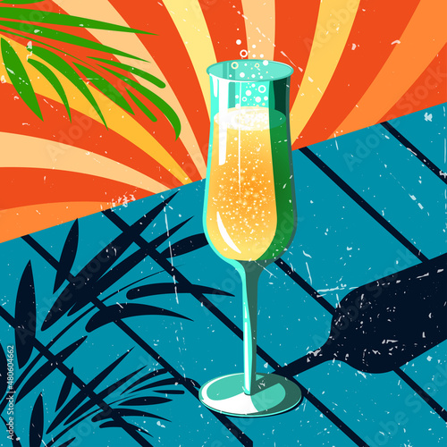 Sunny day with a glass of white wine or champagne in vintage style against the backdrop of tropical leaves. Vector
