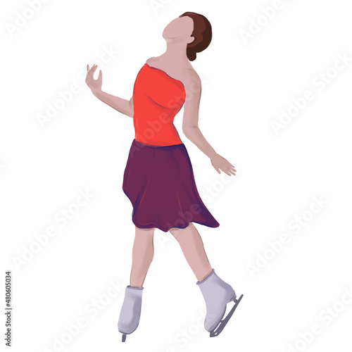 figure skater girl in short Red dress skating vector Illustration on a white background