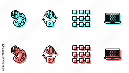 Set line NFT blockchain technology, Digital crypto art, and Binary code icon. Vector