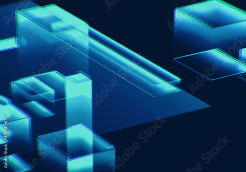 Abstract 3d blue blockchain isometric digital technology texture background.