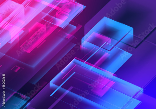 Abstract 3d blue purple color blockchain isometric digital technology texture background.