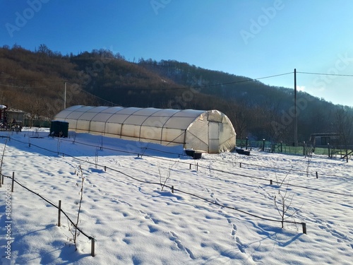 Snow covered meadow and greenhouse in the winter, mountain Igman, Bosnia and Herzegovina photo