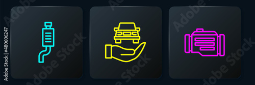 Set line Car muffler, Check engine and Auto service check automotive. Black square button. Vector