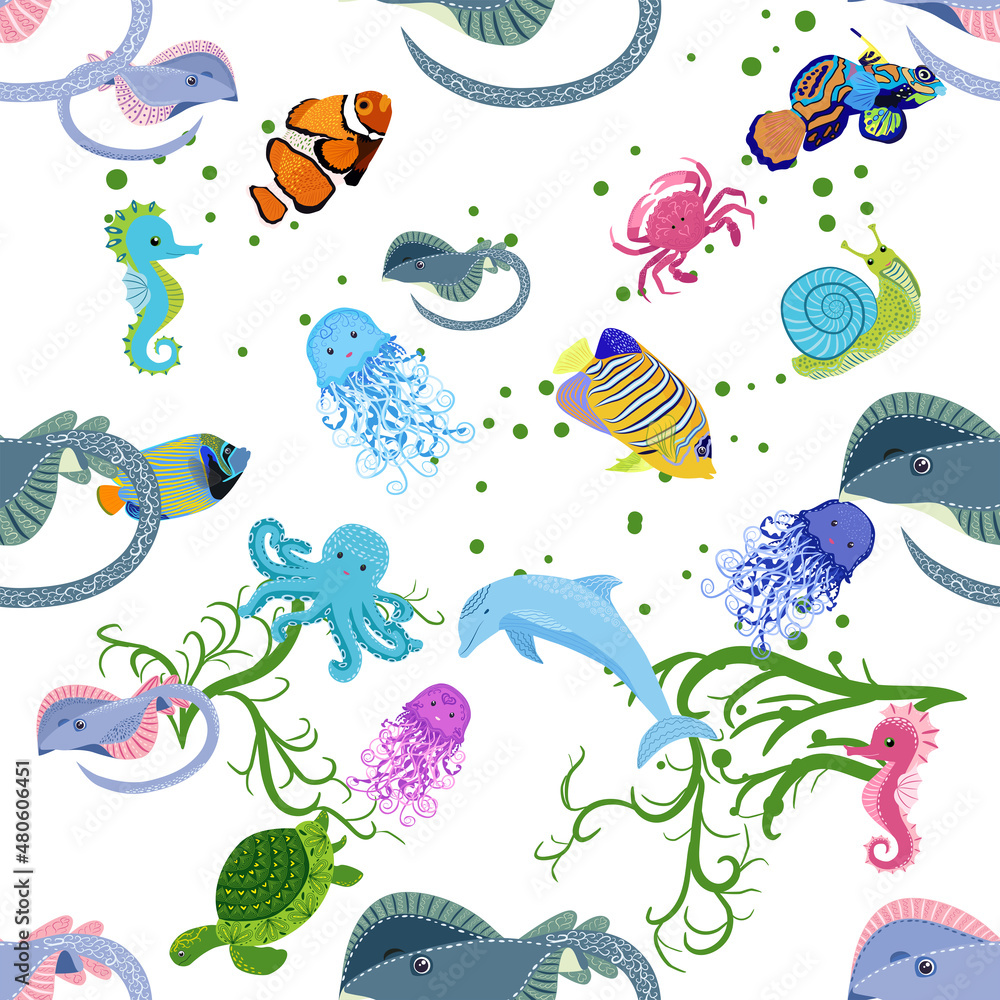 Marine life, fish, animals bright seamless pattern. sea travel, underwater diving animal tropical fish. Jellyfish, whale, shark, seahorse, clown fish, dolphin, turtle, emperor Marine life, fish, animals bright seamless pattern. sea travel, underwater diving animal tropical fish. Jellyfish, whale, shark, seahorse, clown fish, dolphin, turtle, emperor