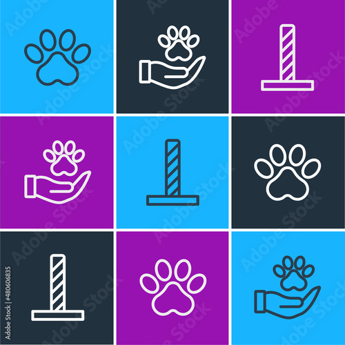 Set line Paw print, Cat scratching post with toy and Hands animals footprint icon. Vector