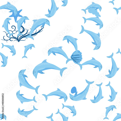 Dolphin, sea inhabitants seamless pattern, beautiful character among seashells, algae, starfish, marine wildlife