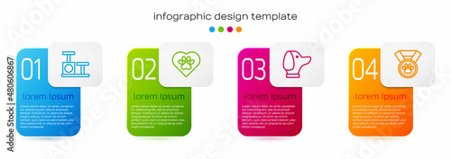 Set line Cat scratching post with toy, Heart animals footprint, Dog and Pet award symbol. Business infographic template. Vector