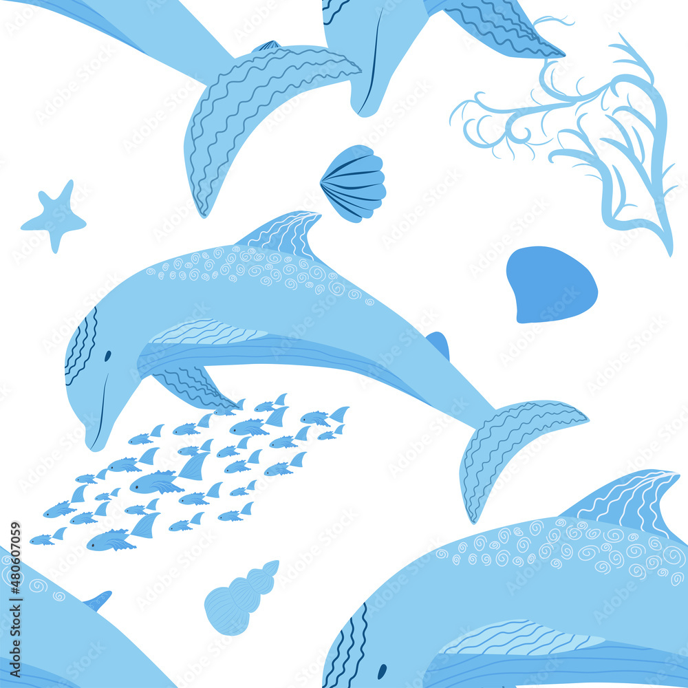 Obraz premium Dolphin, sea inhabitants seamless pattern, beautiful character among seashells, algae, starfish, marine wildlife