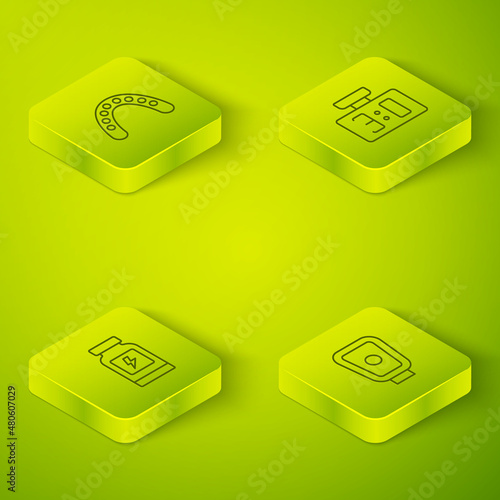 Set Isometric line Sport mechanical scoreboard, Energy drink, Boxing training paws and Mouth guard boxer icon. Vector