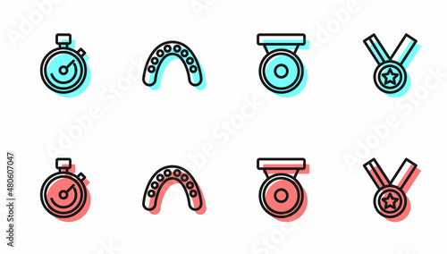 Set line Boxing gong, Stopwatch, Mouth guard boxer and Medal icon. Vector