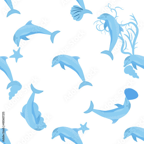 Dolphin, sea inhabitants seamless pattern, beautiful character among seashells, algae, starfish, marine wildlife