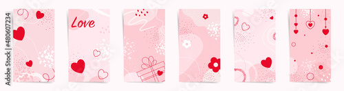 Valentine's day February 14 stories design template set. Story geometric layout for promo greeting card design for lovers holidays. Beige and pink elegant cute social post posters set.	
