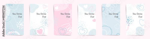 Valentine's day sale stories banners fashion template set. Elegant fashion style stories and promo posts. Design with abstract shapes, hearts and geometric waves in white, blue, and pink colors set.
