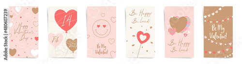 Valentine day sale stories banners fashion template set. February 14 design for stories and promo posts. Design with heart balloons, confetti, emoji and garlands in pink, beige and red colors set.