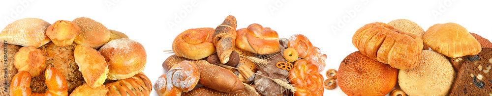 Sweet and fresh bread products in row isolated on white. Collage. Wide photo