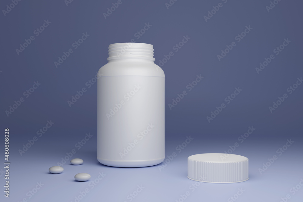 A plastic jar for medicines on the table and white dragees and a lid lying next to each other. 3D render. A plastic jar for medicines on the table and white dragees and a lid lying next to each other. 3D render.