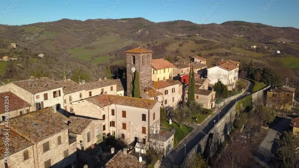 aerial view of the medieval village of Frontino in the Province of Pesaro and Urbino in the Marche region aerial view of the medieval village of Frontino in the Province of Pesaro and Urbino in the Marche region