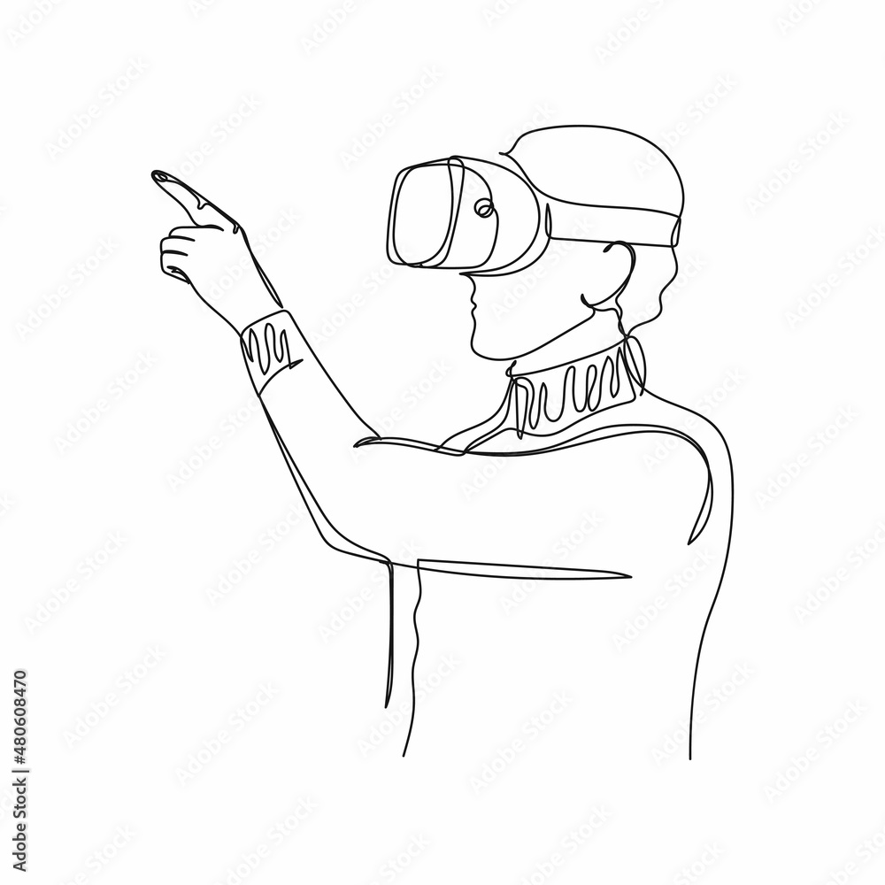 Continuous one simple single abstract line drawing of man swiping vr icon in silhouette on a white background. Linear stylized.