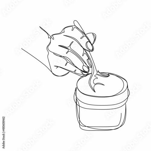 Continuous one simple single abstract line drawing of spoon and jar of delicious sauce cream icon in silhouette on a white background. Linear stylized.