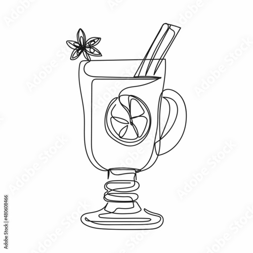 Continuous one simple single abstract line drawing of hot mulled wine icon in silhouette on a white background. Linear stylized.