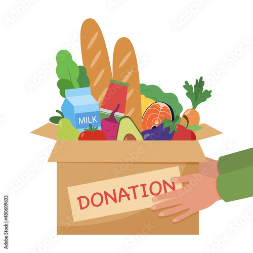 Food donation concept. Vector illustration depicting hands donating a box of food to the needy and poor people. Charity, benevolence and humanitarian help.