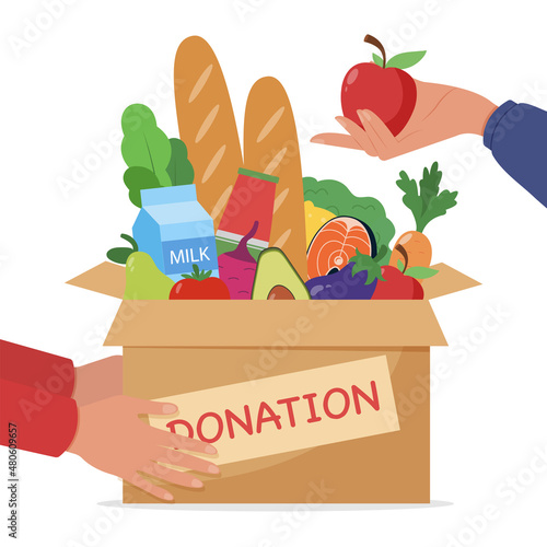 A box full of food is donated to people in need. Food bank, food donation, charity and goodwill concept. Vector illustration in flat style.