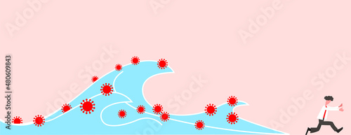 Illustration about corona virus wave, a man running to escape coronavirus
