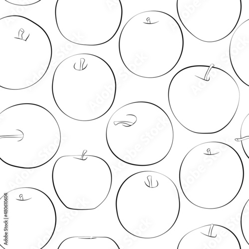 Apples seamless patterns. Line drawing. Lines have different widths. Black white. Vector grafic. 1000x1000