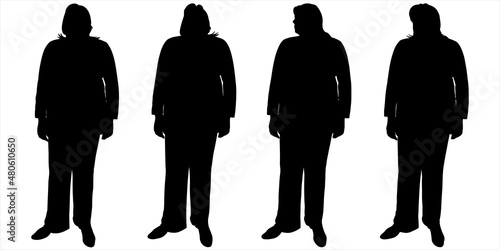 The woman stands straight, rotates her head in different directions. Business lady in a business suit. Successful businesswoman. Four black female silhouettes isolated on white background. Front view.