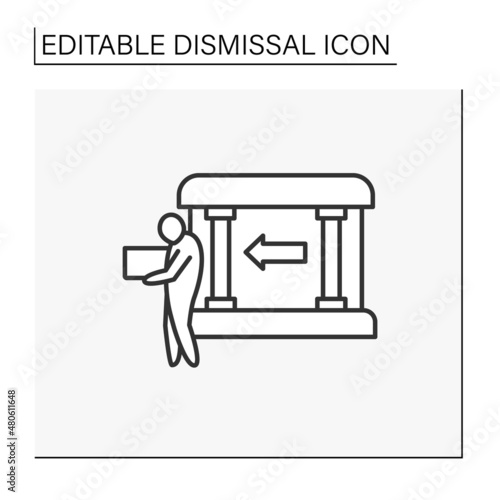 Dismiss line icon. Unhappy worker with a box of personal things goes home. Fired person from governmental work. Office. Dismissal concept. Isolated vector illustration. Editable stroke