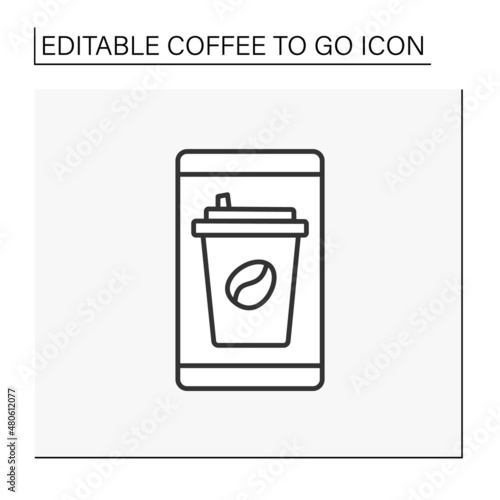  Order line icon. Buying coffee takeaway by mobile phone application. Coffee to go concept. Isolated vector illustration. Editable stroke