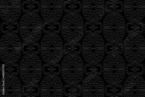 Embossed black background, vintage cover design, unique art deco style. Geometric monochrome 3D pattern, hand drawn style. Ethnic creativity of the peoples of the East, Asia, India, Mexico, Aztec.
