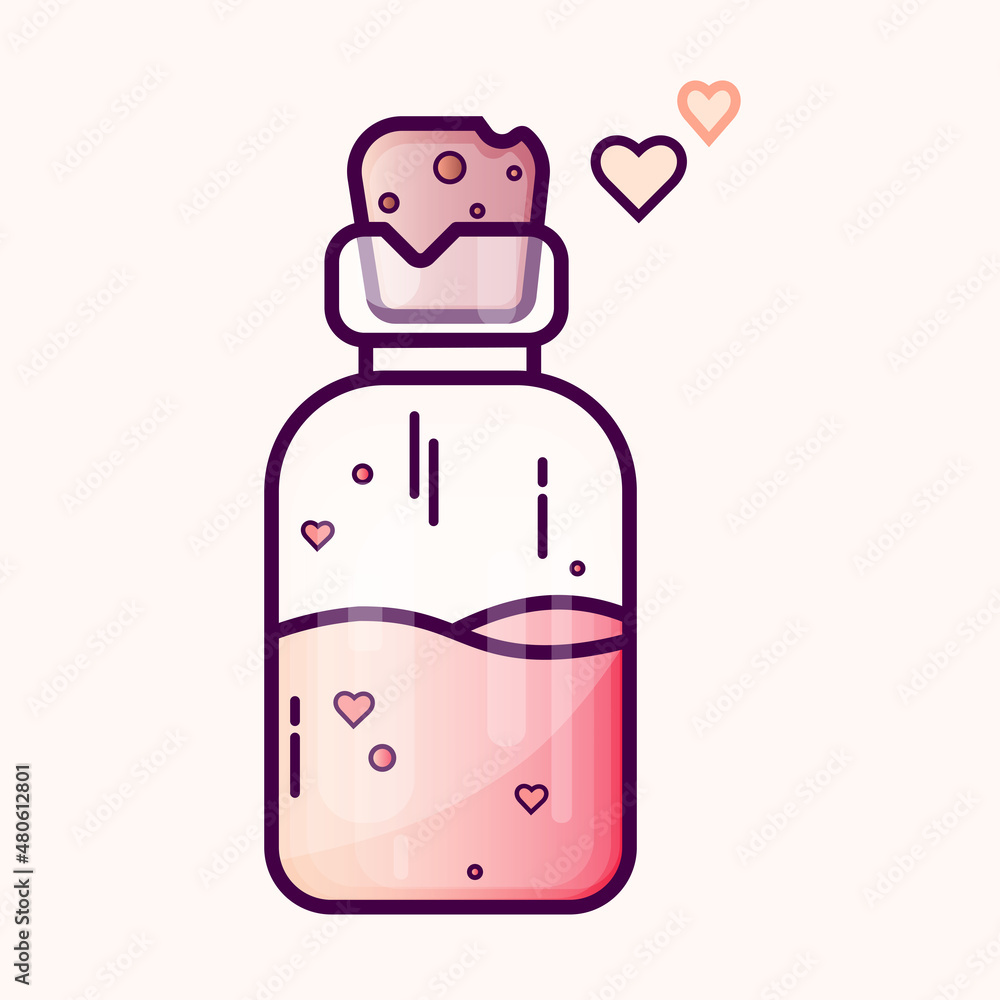 Love potion bottles icon. Valentine's day logo with hearts illustration. Pink love liquid design. Flat design sticker Love potion bottles icon. Valentine's day logo with hearts illustration. Pink love liquid design. Flat design sticker