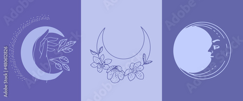 A set in very peri color of mystical boho-style templates. Esoteric vector illustrations of the moon and crescent.
