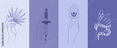 A set in very peri color of female hand emblems in a minimalistic linear style. Hand gestures holding mystical symbols.