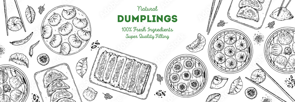 Dumplings top view frame. Food menu design template. Hand drawn vector illustration. Chinese dumplings. Vintage illustration. Hand drawn food sketch. Design template. Dumplings top view frame. Food menu design template. Hand drawn vector illustration. Chinese dumplings. Vintage illustration. Hand drawn food sketch. Design template.