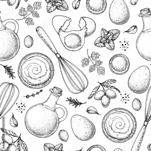 Cooking sauce seamless pattern. Hand drawn sketch background. Design template. Menu background. Cooking food pattern.